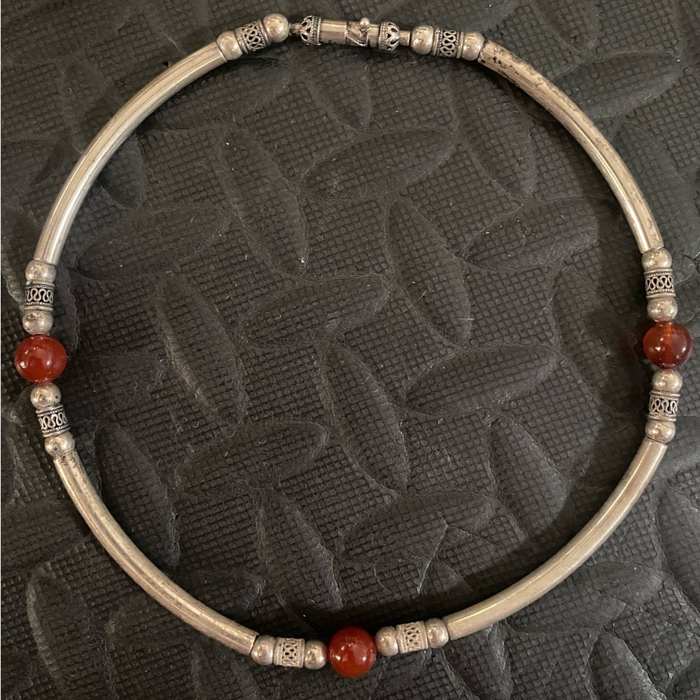 .925 Silver Choker Necklace with Red Bead Accents